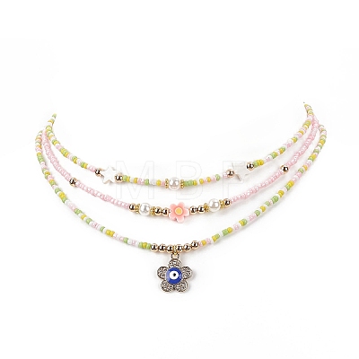 3Pcs 3 Style Shell Pearl & Polymer Clay Flower & Glass Seed Beaded Necklaces Set NJEW-JN04125-1