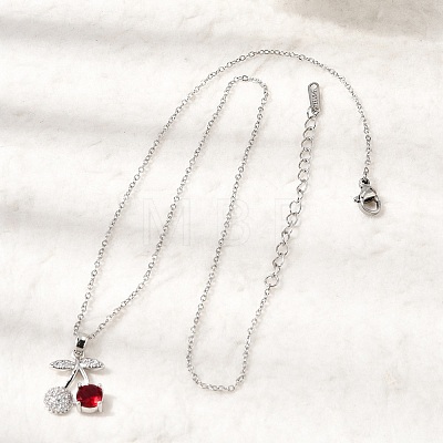 Brass Pave Clear and Red Cubic Zirconia Cherry Pendant 304 Stainless Steel Cable Chain Necklaces for Women NJEW-H092-05P-1