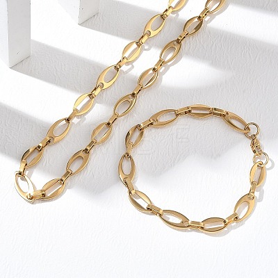 304 Stainless Steel Hollow Oval Link Chain Necklaces & Bracelets Sets SJEW-D091-07G-1