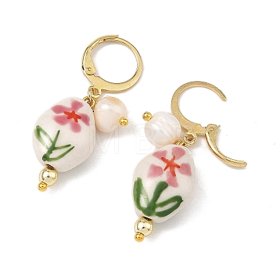 Handmade Porcelain Nuggets & Flower Pendants Dangle Earrings EJEW-JE07319-1