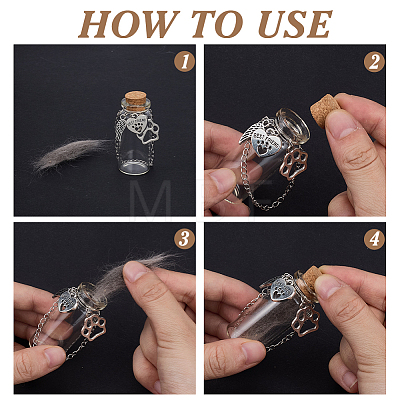 4Pcs Transparent Glass Empty Bottles with Alloy Paw Print Charms AJEW-DR00029-1