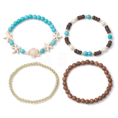 4Pcs 4 Styles Synthetic Turquoise & Coconut & Wood & Non-magnetic Synthetic Hematite Beaded Stretch Bracelet Sets BJEW-JB10720-1