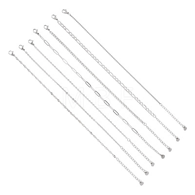 7Pcs 304 Stainless Steel Figaro Chains & Venetian Chains & Water Wave Chains & Cable Chains & Rolo Chains & Curb Chain Bracelets Set for Women BJEW-TADJ00001-1