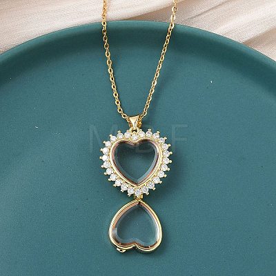 Brass Micro Pave Clear Cubic Zirconia and Glass Heart Locket Photo Pendant 304 Stainless Steel Chain Necklaces for Women NJEW-D341-01G-1