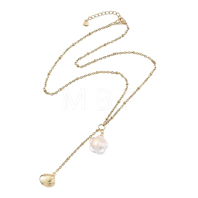 Summer Natural Baroque Keshi Pearl & 304 Stainless Steel Sea Animal Pendant Satellite Chain Y Lariat Necklaces NJEW-JN06049-03-1