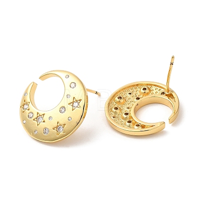 Rack Plating Brass Moon with Star Stud Earrings with Cubic Zirconia EJEW-D061-51G-1