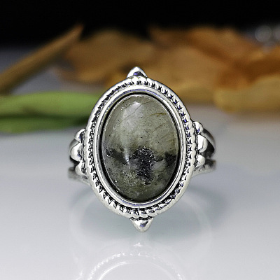 Oval Zinc Alloy Natural Labradorite Finger Rings WG970F5-05-1