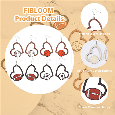 FIBLOOM 4 Pairs 4 Styles Sport Theme Wood Heart Dangle Earrings for Women EJEW-FI0001-55-1