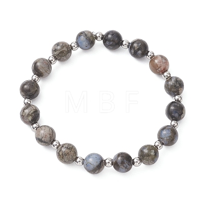 Natural Glaucophane & Brass Beaded Stretch Bracelets for Women BJEW-JB12903-1