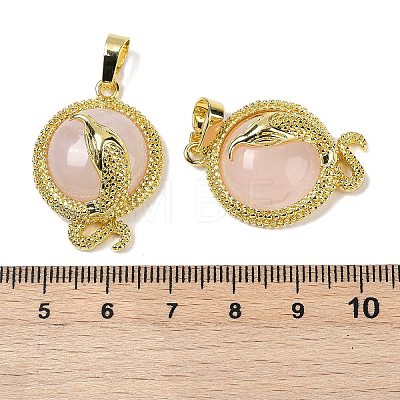 Natural Rose Quartz Flat Round Shaped Brass Pendants KK-F887-03G-29-1