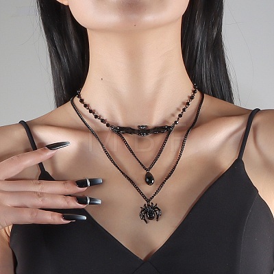Iron & Teardrop Resin Halloween Bat Spider Pendant Double Layered Necklaces for Women NJEW-A055-01B-EB-1
