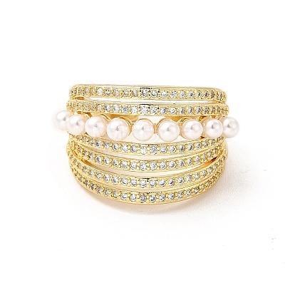 Clear Cubic Zirconia Multi Line Open Cuff Ring with Plastic Pearl Beaded RJEW-I092-12G-1