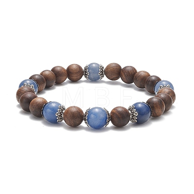 Natural Blue Aventurine & Wood Round Beaded Stretch Bracelet for Women BJEW-JB09379-1