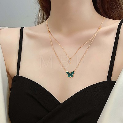 Natural Malachite Butterfly & Cubic Zirconia Oval Pendant Double Layered Necklace JN1057A-1