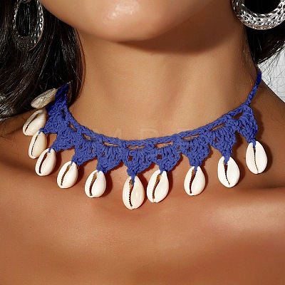 Bohemian Handmade Woven Polyester Cord Natural Cowrie Shell Tassel Choker Necklaces for Women FS-WGB5F2D-04-1