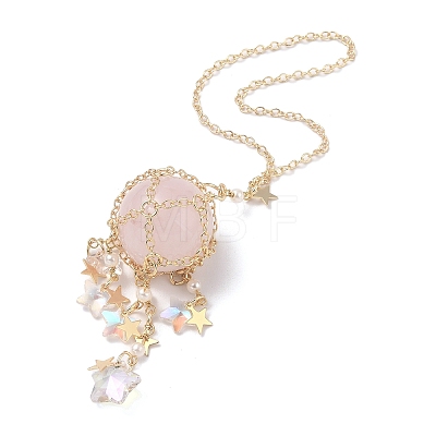 Natural Rose Quartz with Rack Plating Brass Pendants Decorations AJEW-B023-01G-06-1