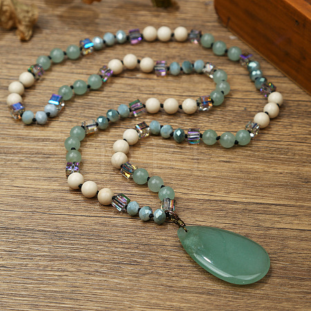 Natural Green Aventurine Flat Teardrop Pendant Round Gems and Cube Glass Beaded Long Necklaces for Women FS-WG9FE58-02-1