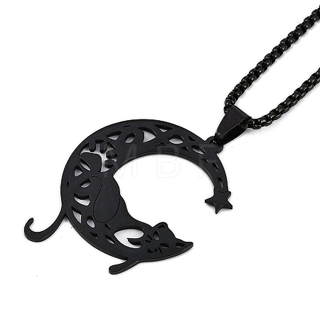 201 Stainless Steel Hollow Moon Cat Shaped Pendant Box Chain Necklaces LS-NJEW-M010-06-1