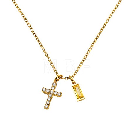 304 Stainless Steel Pave Cubic Zirconia November Birth Stone Religion Cross and Rectangle Pendant Necklaces WG51992-05-1