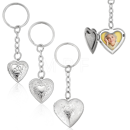 6Pcs 3 Styles Stainless Steel Pattern Locket Pendant Keychains KEYC-ME0001-17A-1
