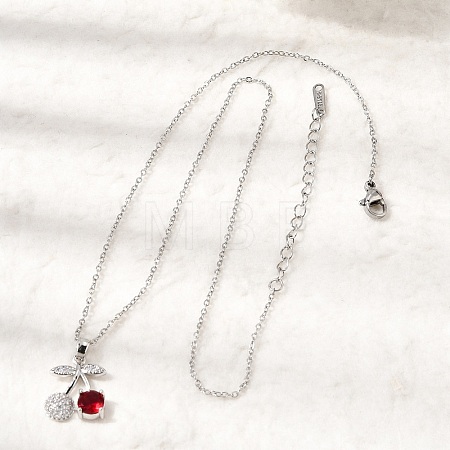Brass Pave Clear and Red Cubic Zirconia Cherry Pendant 304 Stainless Steel Cable Chain Necklaces for Women NJEW-H092-05P-1
