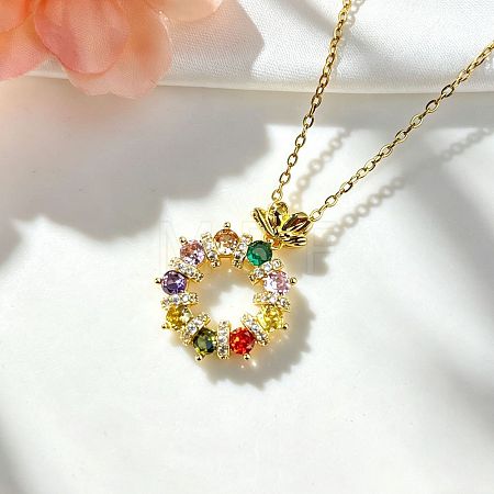 Brass Pave Colorful Cubic Zirconia Ring Pendant 304 Stainless Steel Cable Chain Necklaces for Women WG07877-01-1
