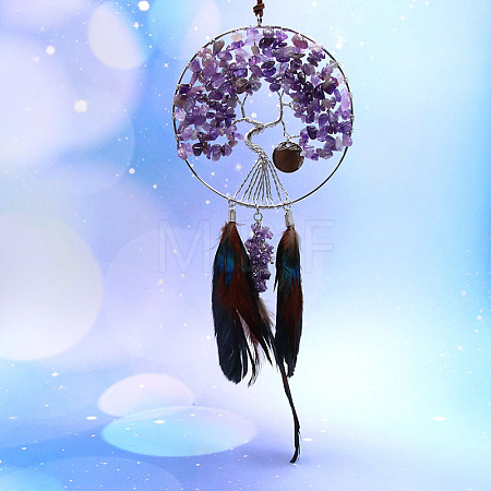 Woven Net/Web with Feather Natural Amethyst Chips Pendant Decorations TREE-PW0003-03E-1