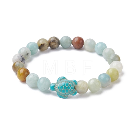 Natural Flower Amazonite & Synthetic Turquoise Turtle Beaded Stretch Bracelet BJEW-JB09699-01-1