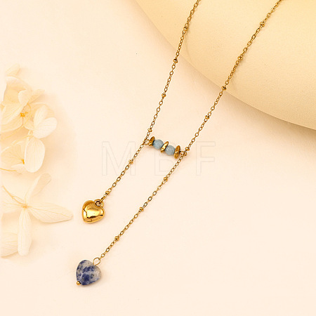 Natural Blue Spot Jasper Heart Pendant 304 Stainless Steel Satellite Chain Necklaces for Women WG27E67-03-1