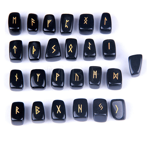 Viking Runes Engraved Tumbled Natural Obsidian Rune Stones PW-WG56DA1-06-1