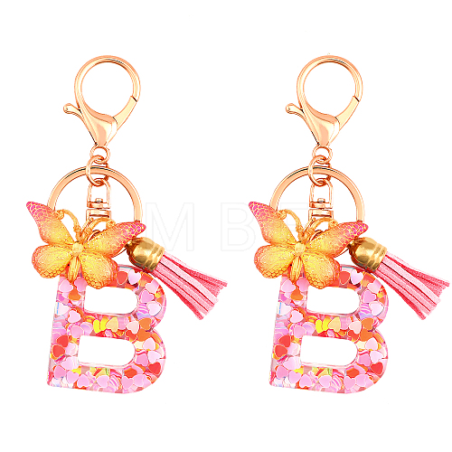 Fashion Alphabet Initial Letter Resin Keychain with Tassel Gradient Butterfly Pendant Key Ring KEYC-WH0027-105B-1