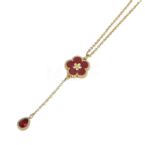 Ion Plating(IP) 304 Stainless Steel Red Cubic Zirconia Cable Chain Teardrop Tassel Necklaces NJEW-D080-09B-1