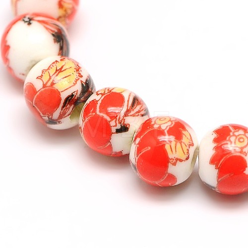 Handmade Flower Printed Porcelain Ceramic Beads Strands PORC-M005-6mm-06-1