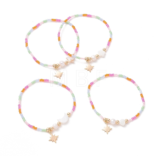 Natural Shell & Glass Seed Beaded Stretch Bracelet with Brass Star Charms for Women BJEW-JB09357-1