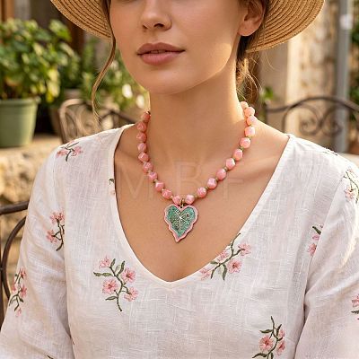 Alloy Enamel Leaf Pendant Resin Nuggets Beaded Necklaces for Women WG16F8F-01-1