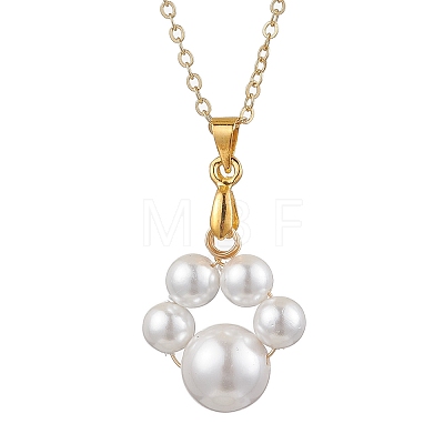 Shell Pearl 10mm Round Beaded Paw Print Pendant Necklaces NJEW-JN05171-01-1