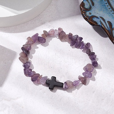 Natural Amethyst Chips Stretch Bracelets for Women Men BJEW-JB11341-08-1