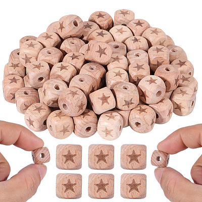 100Pcs Engraved Beech Wood Beads WOOD-PA0001-86A-1