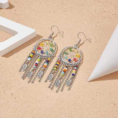 Alloy Woven Net/Web with Feather Chandelier Earrings with Glass Beaded EJEW-TA00159-1