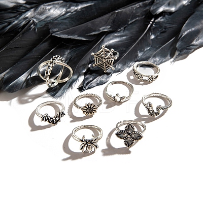 9Pcs 9 Styles Aniaml Alloy Spider & Snake & Bat & Flower Finger Rings Sets for Women PW-WG5EE65-01-1