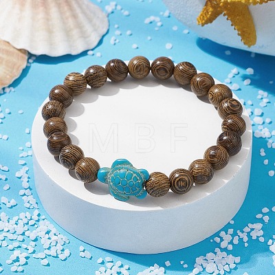 Natural Wood Round & Synthetic Turquoise Turtle Beaded Stretch Bracelet for Women BJEW-JB09699-06-1