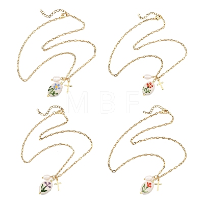 201 Stainless Steel Cross and Flower Printed Handmade Porcelain Oval Pendant Necklaces NJEW-JN06319-1