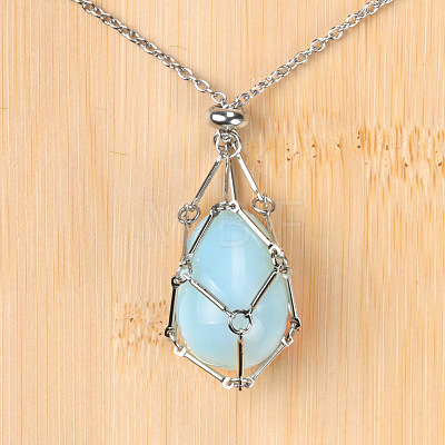 Opalite Easter Egg Cage Pendant 304 Stainless Steel Cable Chain Necklaces FS-WGA333C-05-1