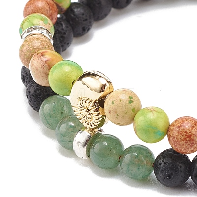 2Pcs 2 Style Natural Imperial Jasper(Dyed) & Green Aventurine & Lava Rock Braided Bead Bracelets Set with Alloy Shell BJEW-JB08476-1