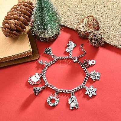 Christmas Tree & Deer & Wreath & Santa Claus Alloy Enamel Charm Bracelet BJEW-TA00252-1