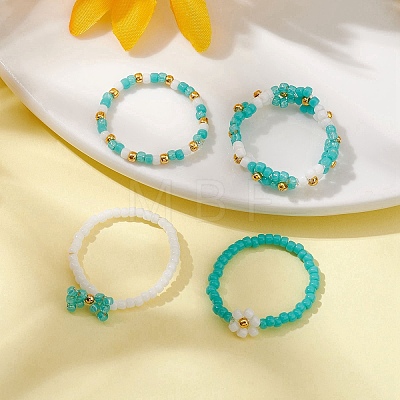 4Pcs 4 Style Glass Seed Beaded Stretch Finger Rings RJEW-JR00661-01-1