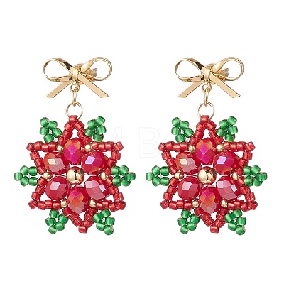 Brass Seed Beads Christmas Flower Snowflake Dangle Stud Earrings EJEW-MZ00492-1