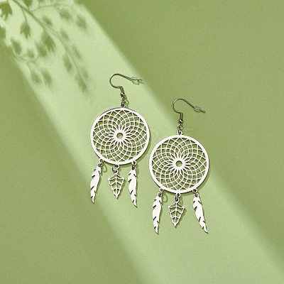 304 Stainless Steel Woven Net with Feather Dangle Earrings for Women EJEW-JE05005-1