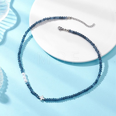 Dyed Natural Malaysia Jade Faceted Rondelle & Round Imitation Pearl & Brass Cross Beaded Necklaces NJEW-JN05835-1