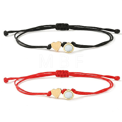Adjustable Metal Heart Nylon Cord Braided Bead Couple Bracelet Set with Magnetic Clasps YE4942-1-1